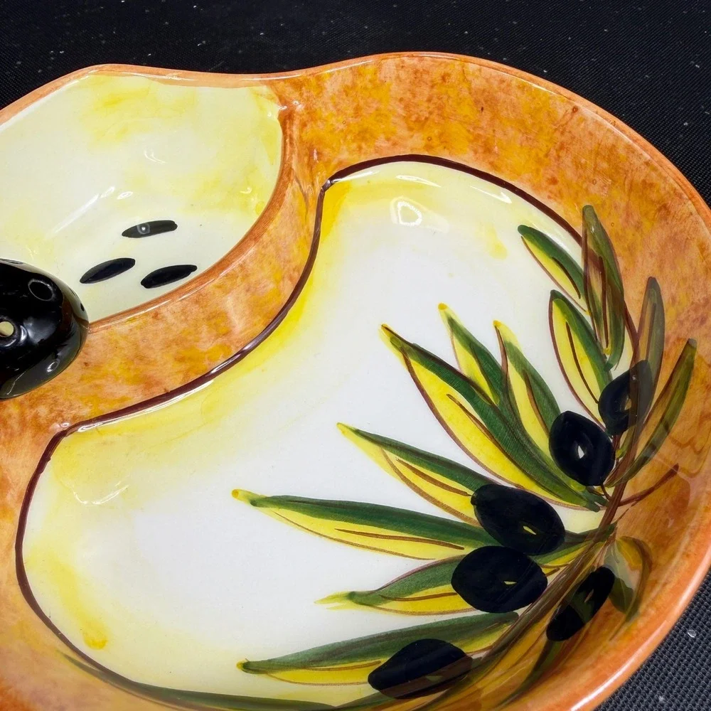 Hand Painted Ceramic Olive Serving Dish Mediterranean Signed 6in Orange Yellow